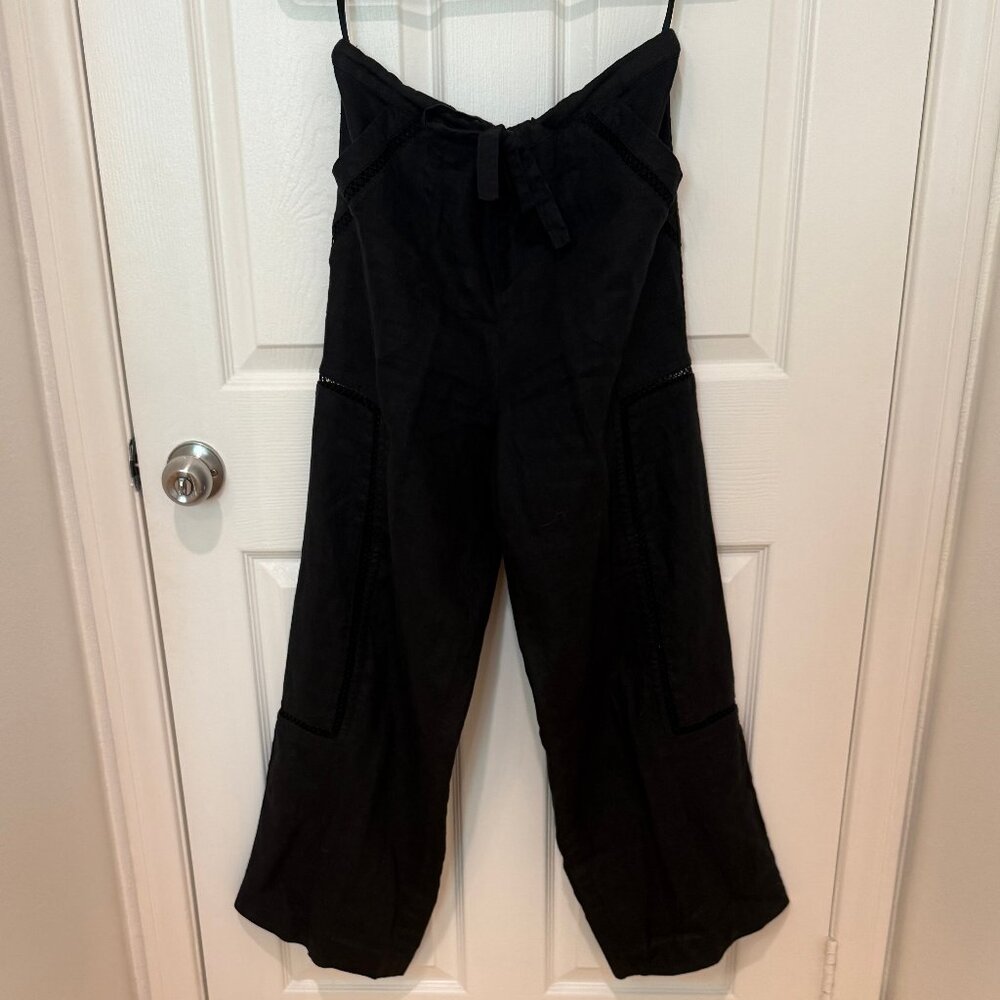 STAUD MACKENZIE BLACK WIDE LEG LINEN PANTS WITH LACE ACCENTS